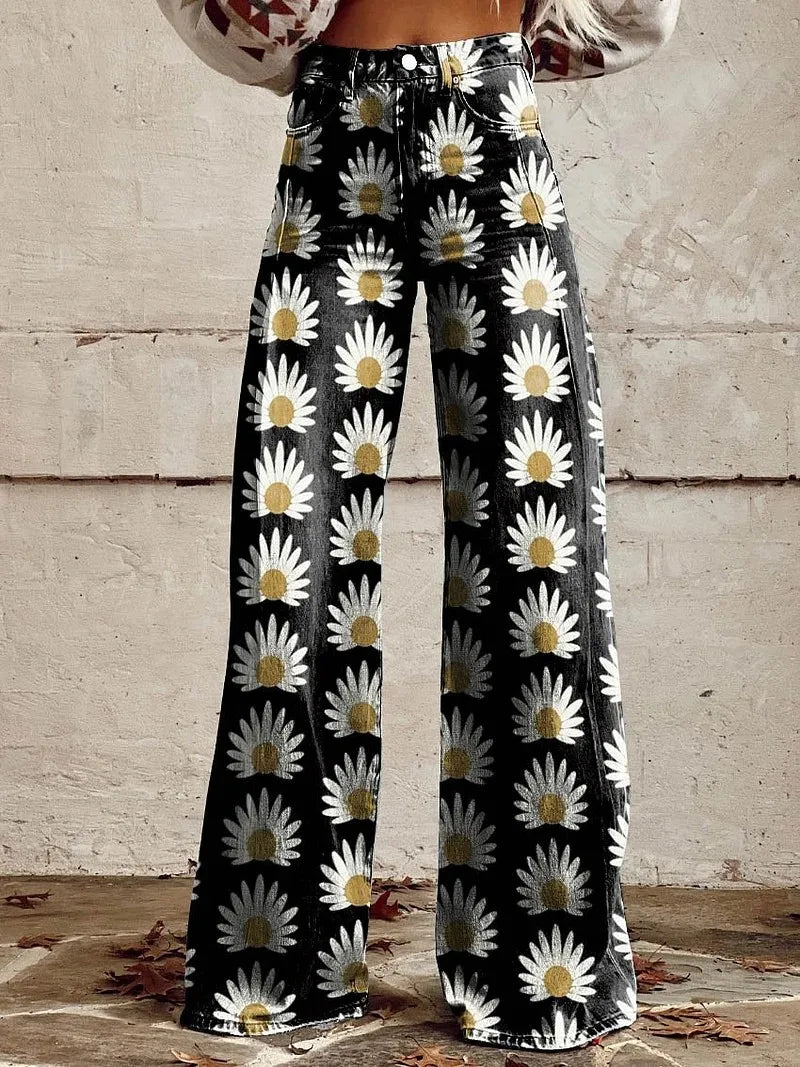 Kadın Vintage Geniş Paça Pantolon – Yüksek Bel, 3D Kot Baskılı, Degrade Desen