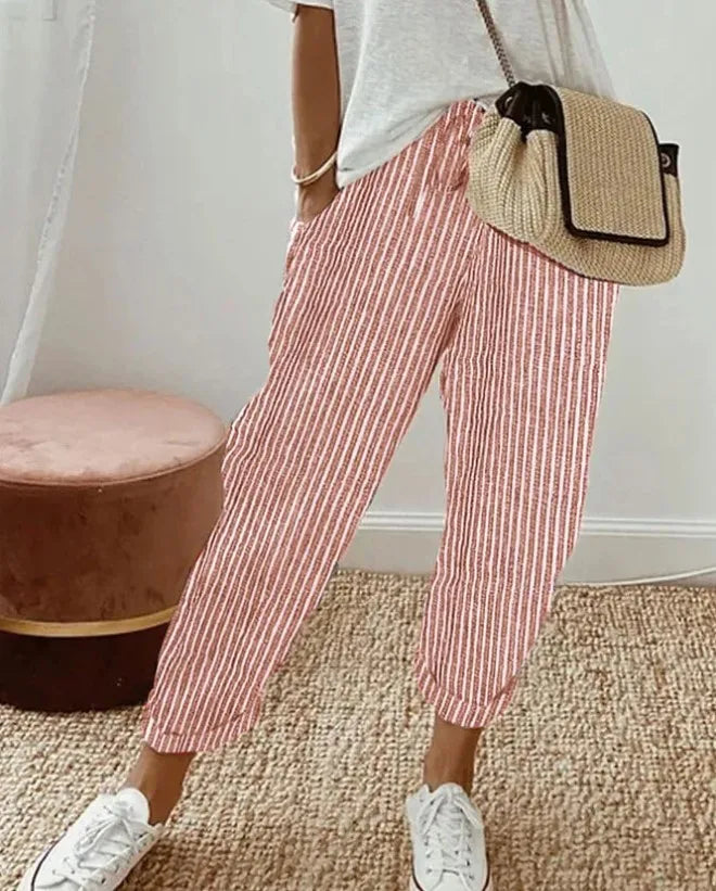 Kadın Vintage Çizgili Volanlı Pantolon – 2024 Moda, Rahat Kesim, Cepli