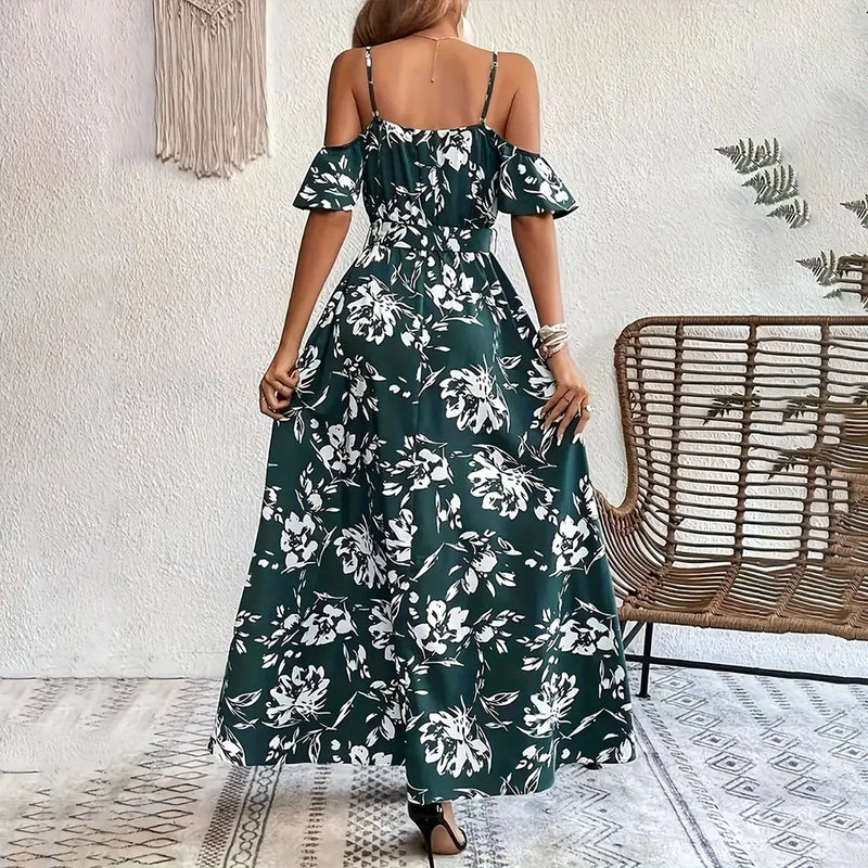 Kadın Bohem Çiçek Desenli Omuz Açık Kollu Yırtmaçlı A Kesim Maxi Elbise – Yazlık Parti, Tatil ve Plaj Elbisesi, Beden S-XL