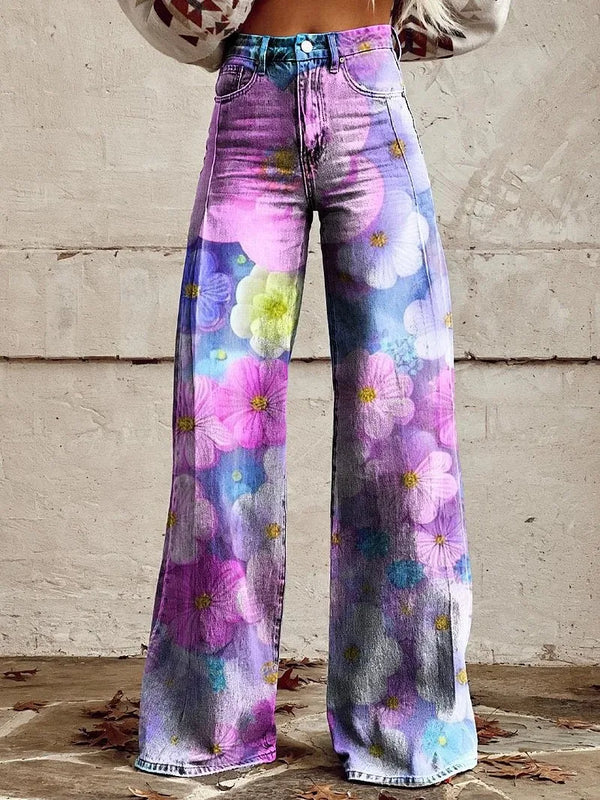 Kadın Vintage Geniş Paça Pantolon – Yüksek Bel, 3D Kot Baskılı, Degrade Desen