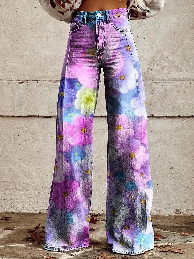 Kadın Vintage Geniş Paça Pantolon – Yüksek Bel, 3D Kot Baskılı, Degrade Desen