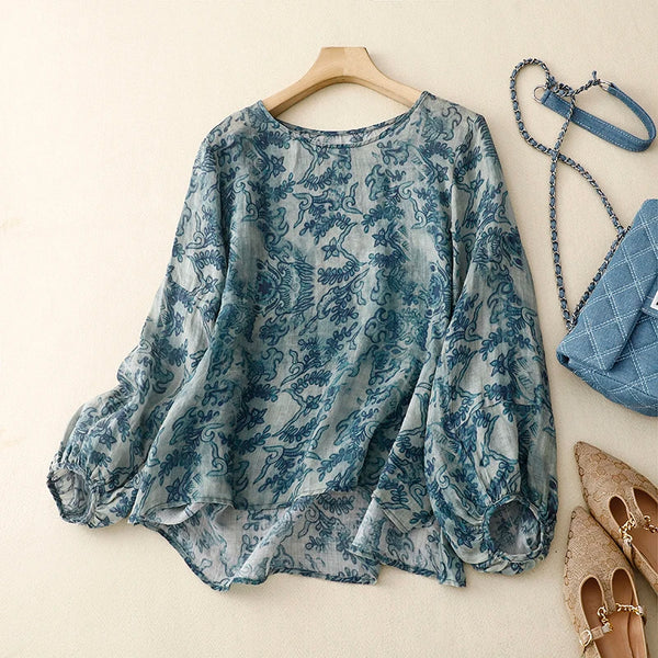 Kadın Keten Bluz – Vintage Stil, Çiçekli, Balon Kol, O Yaka, Rahat Kesim