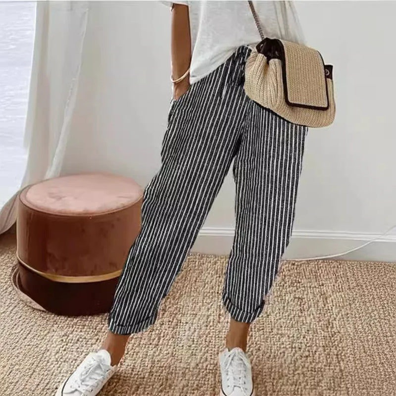 Kadın Vintage Çizgili Volanlı Pantolon – 2024 Moda, Rahat Kesim, Cepli