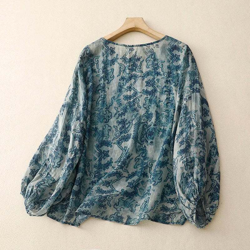 Kadın Keten Bluz – Vintage Stil, Çiçekli, Balon Kol, O Yaka, Rahat Kesim