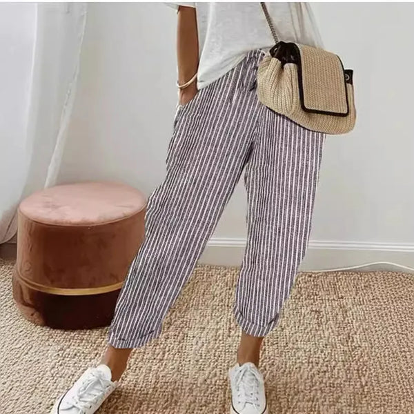 Kadın Vintage Çizgili Volanlı Pantolon – 2024 Moda, Rahat Kesim, Cepli