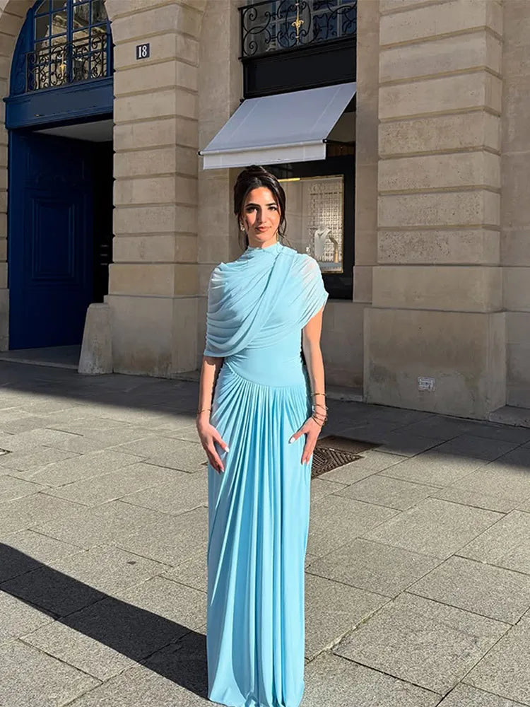Kadın Mavi Maxi Elbise – Düzensiz Etekli, Boğazlı Yaka, Pileli, Slim Fit Yaz Elbisesi
