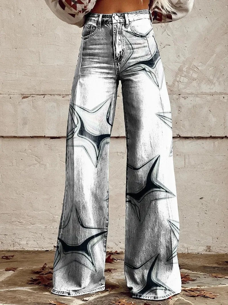 Kadın Vintage Geniş Paça Pantolon – Yüksek Bel, 3D Kot Baskılı, Degrade Desen