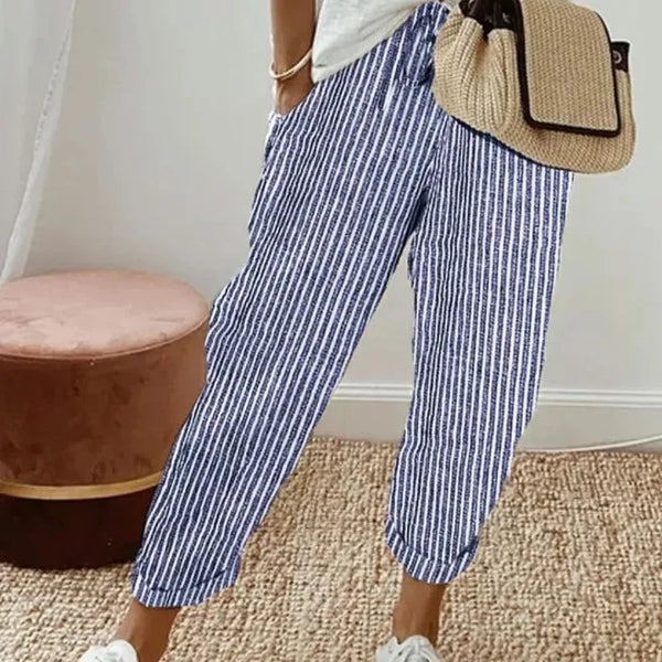 Kadın Vintage Çizgili Volanlı Pantolon – 2024 Moda, Rahat Kesim, Cepli