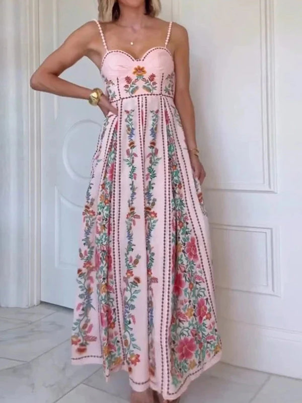 Kadın Seksi Sırt Dekolteli Parçalı Baskılı Plaj Elbisesi – Yazlık Maxi, Kolsuz, İnce Fit, Vintage Tarz Parti Elbisesi