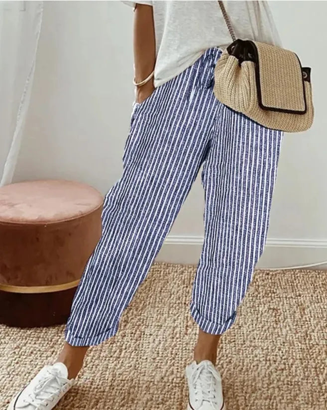 Kadın Vintage Çizgili Volanlı Pantolon – 2024 Moda, Rahat Kesim, Cepli