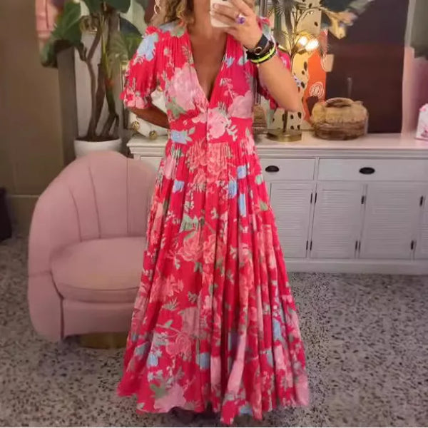 2025 Bahar Yaz Bohem Kadın Maxi Elbise – Rahat Kısa Kollu A Kesim Fırfırlı Plaj Elbisesi Çiçekli Vestido Mujer
